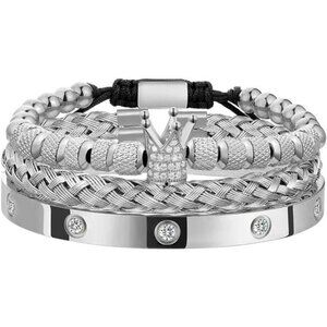 Mens Gold Crown Bracelet Stainless Steel Roman Numeral Adjustable Cuff 3pcs
